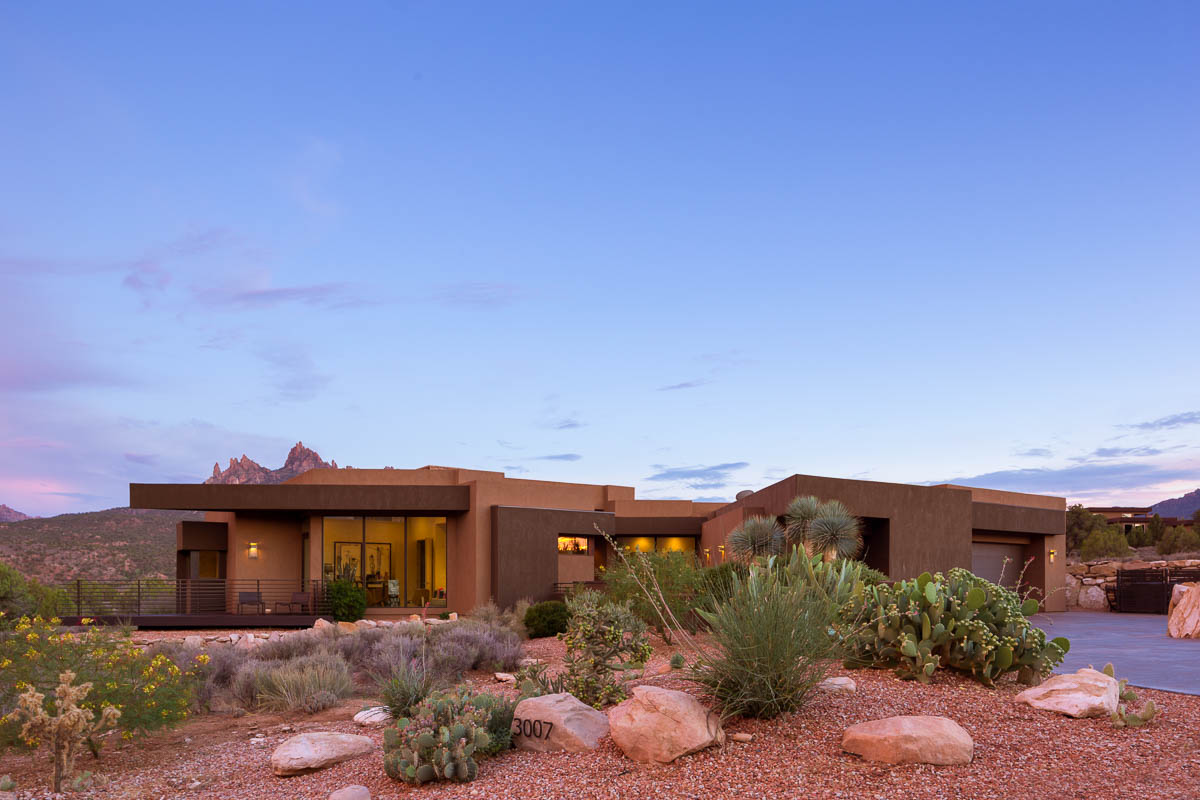 Sunset house exterior with pink and blue sky