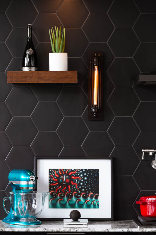 Black tile kitchen backsplash