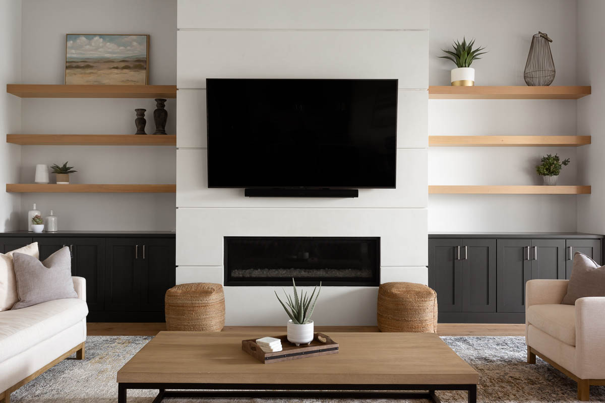 Modern fireplace and book shelves